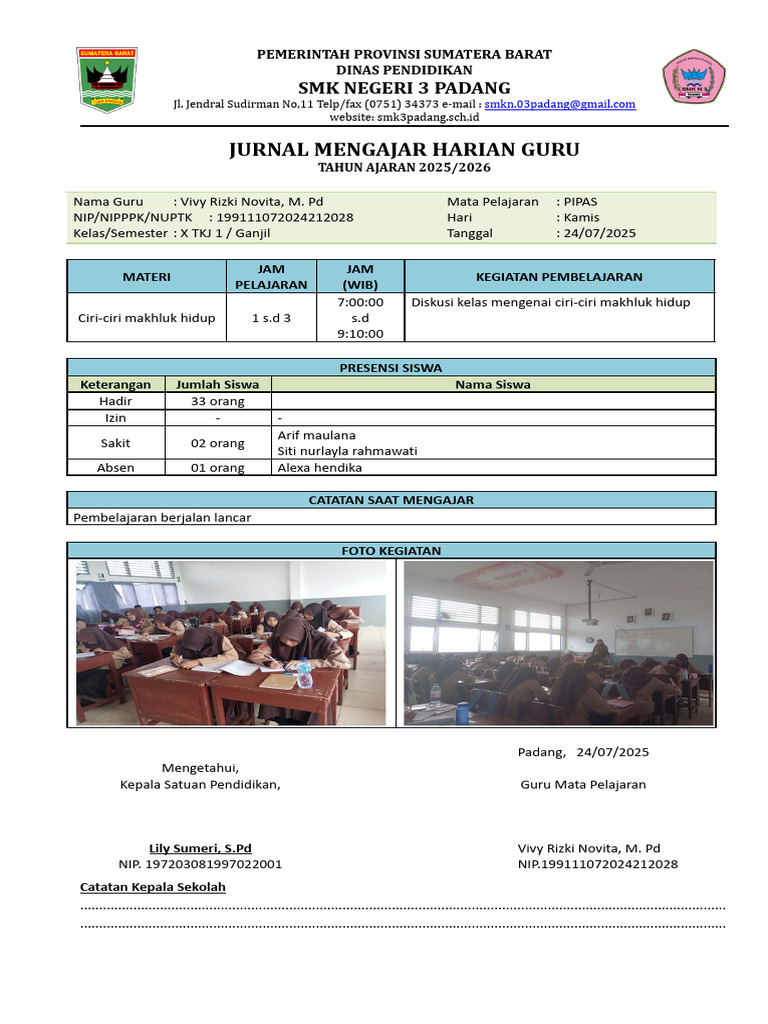 Jurnal Mengajar Guru SMK 2025/2026 | PDF