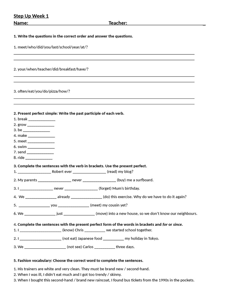 Step Up English Exercises Week 1 | PDF | Syntax | Linguistics