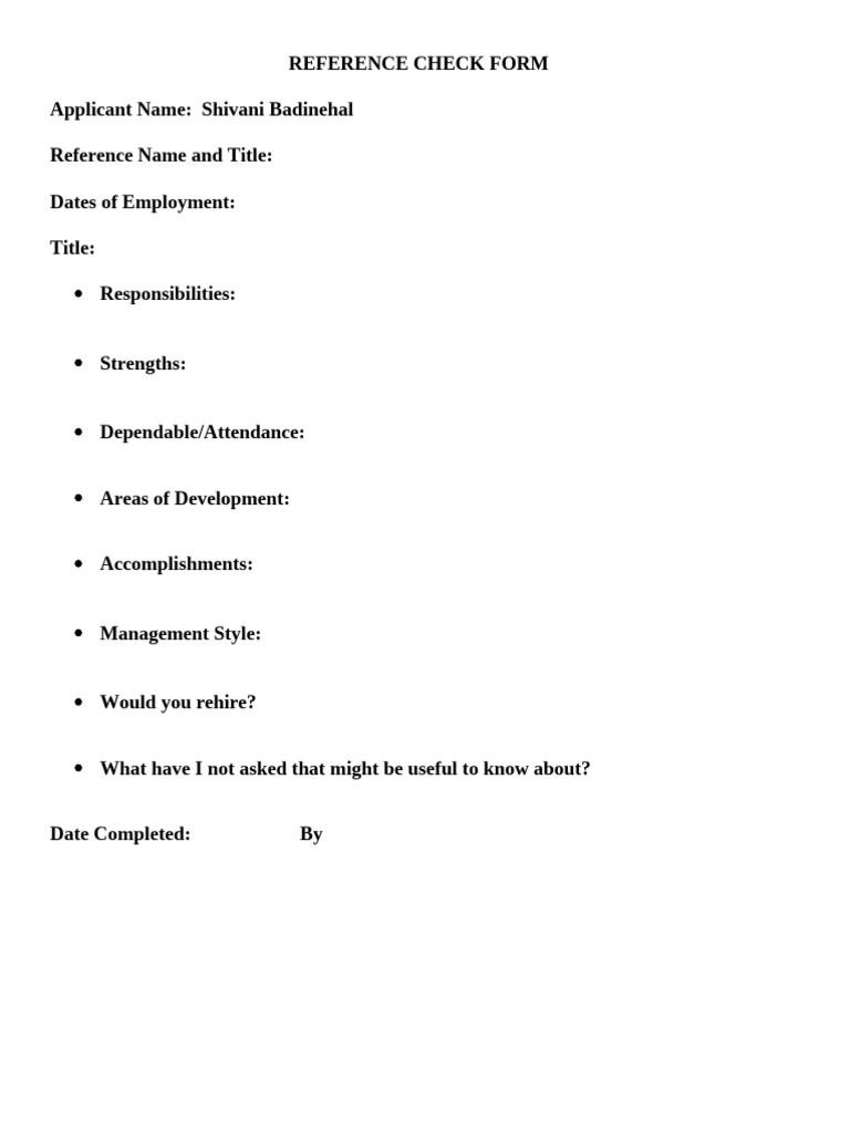 Reference Check Form Template | PDF