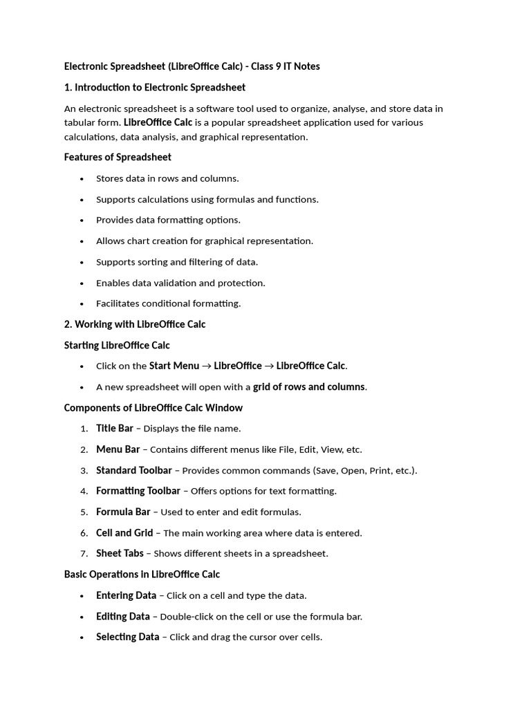 Class 9 IT: Electronic Spreadsheet Notes | PDF | Spreadsheet | Software