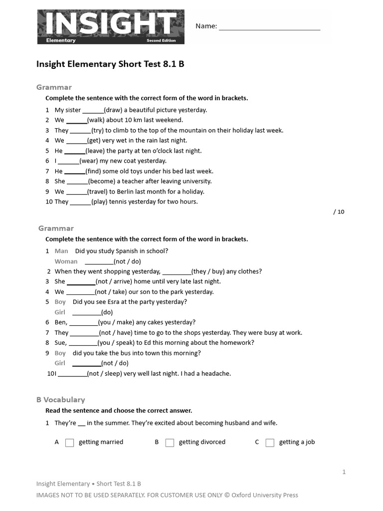 Insight Elementary Short Test 8.1 B | PDF