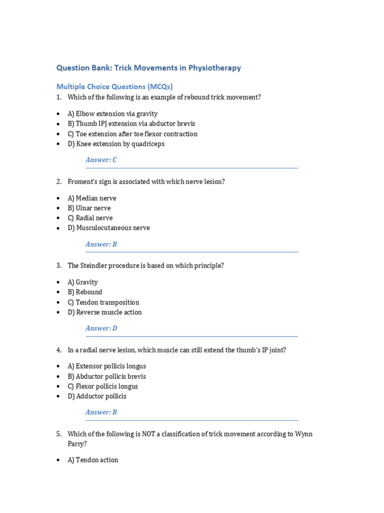 Physiotherapy Trick Movements MCQs | PDF
