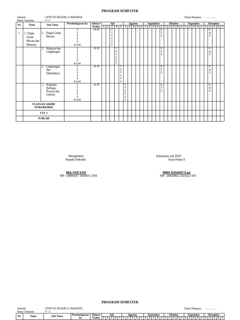 Program Semester 1 Kelas 5 | PDF