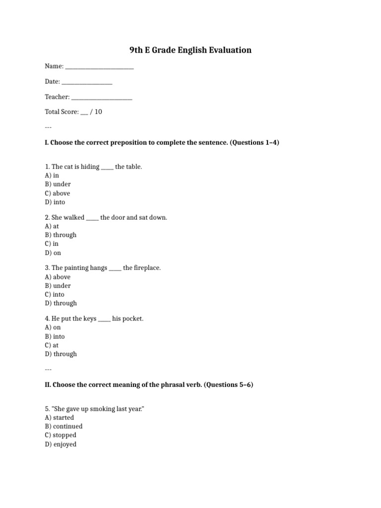 9th E Grade English Evaluation | PDF