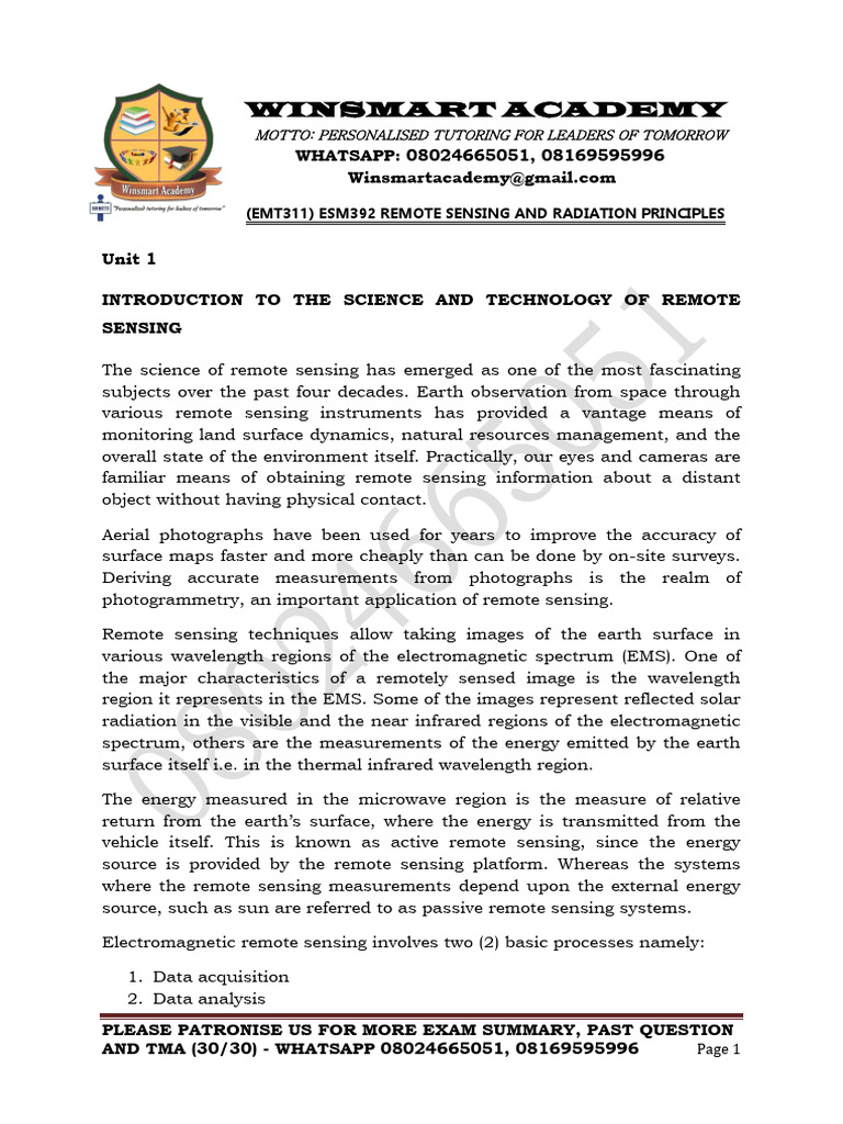 Remote Sensing and Radiation Principles | PDF | Electromagnetic ...