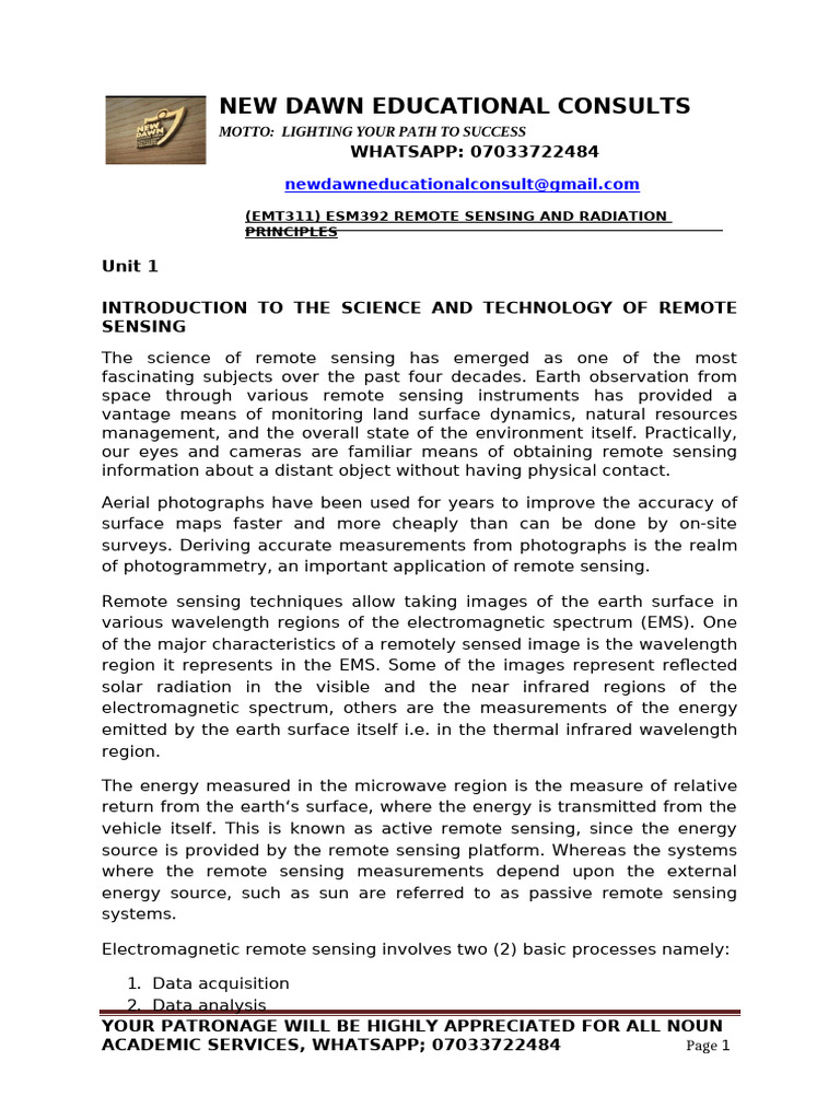 ESM392: Remote Sensing Principles | PDF | Electromagnetic Radiation ...