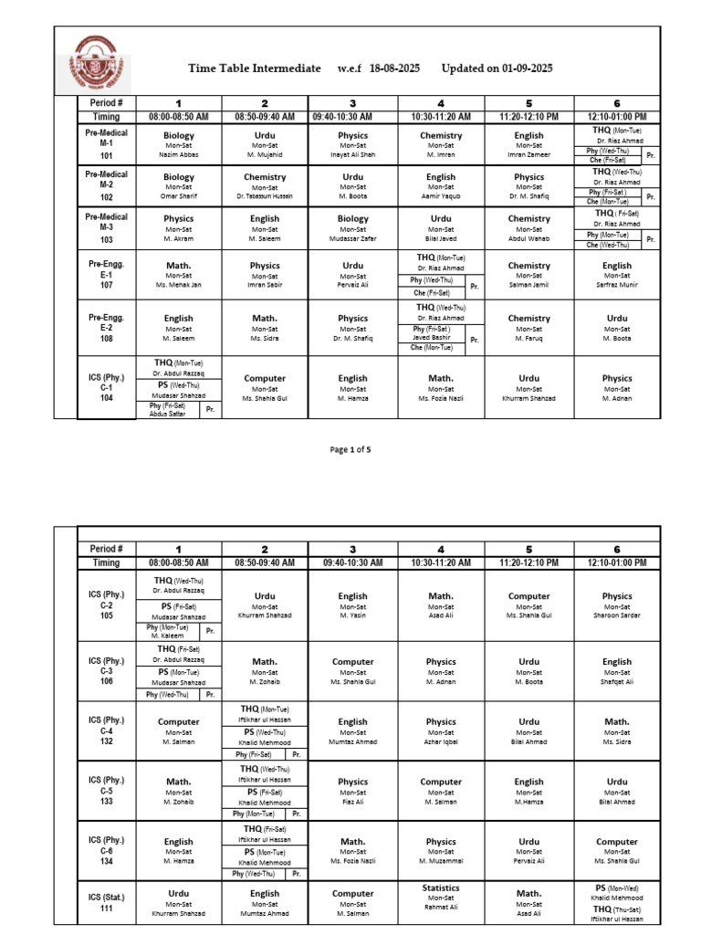 Intermediate Time Table 2025-26 | PDF