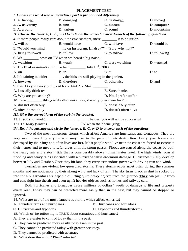 Placement Test for English Proficiency | PDF | Tropical Cyclones | Storms