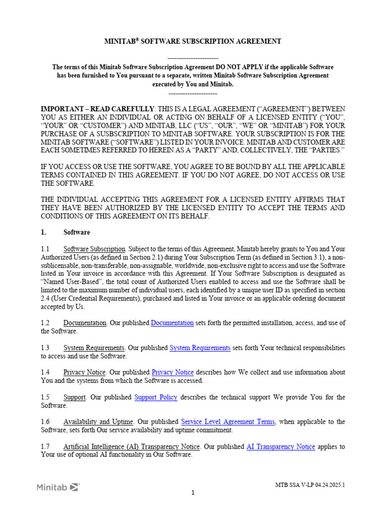 Minitab Software Subscription Agreement | PDF | Indemnity | Taxes