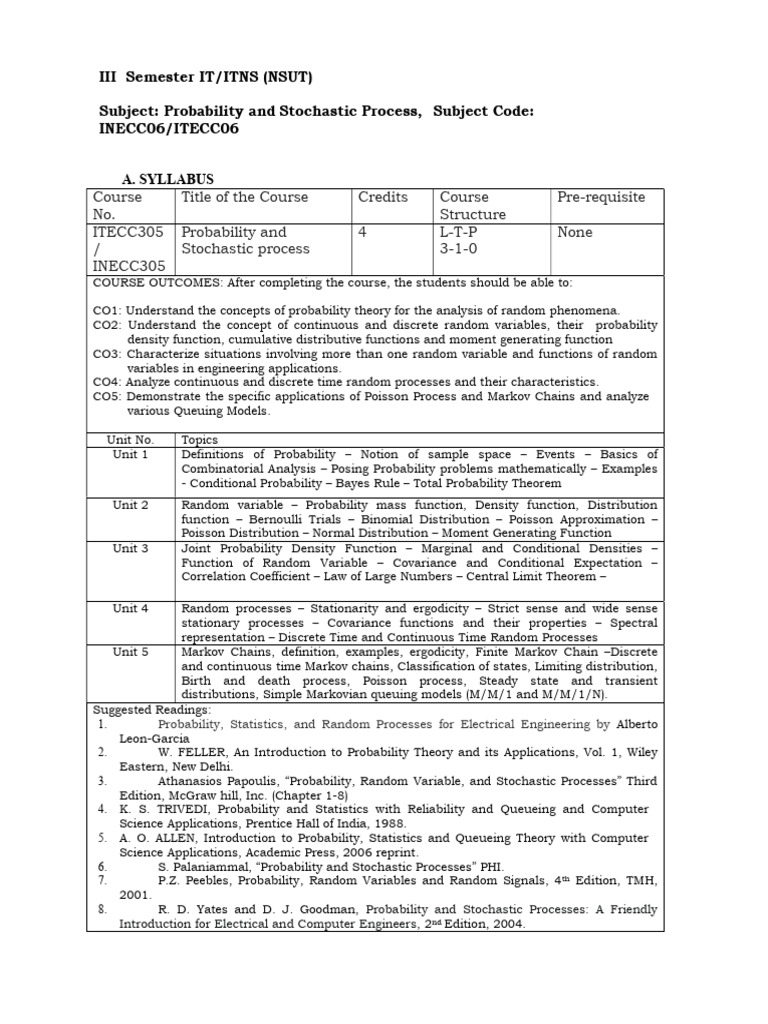B.Tech Probability & Stochastic Process Syllabus | PDF | Probability ...