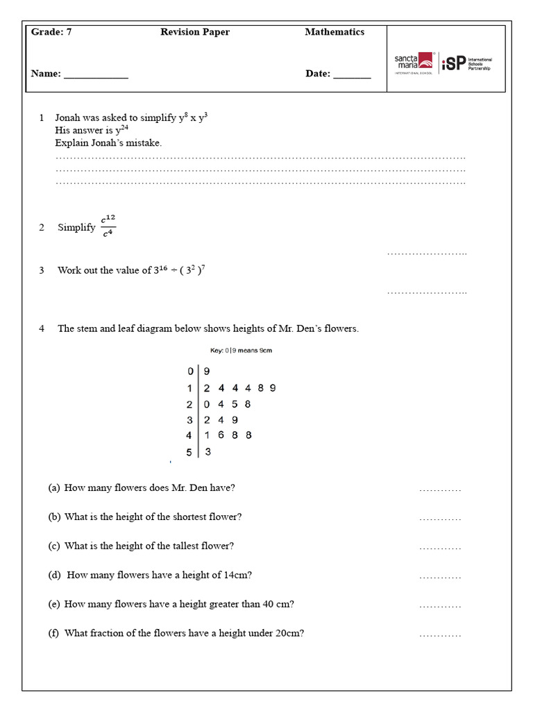 Grade 7 Math Revision Paper 2025 | PDF | Elementary Geometry ...
