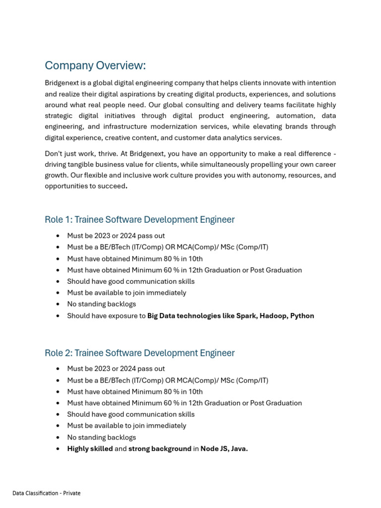 Trainee Software Engineer Roles at Bridgenext | PDF
