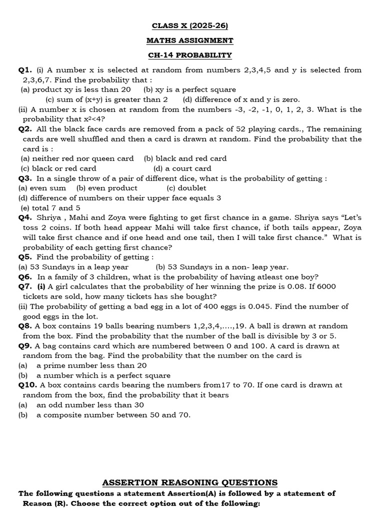 Class X Maths Probability Assignment | PDF