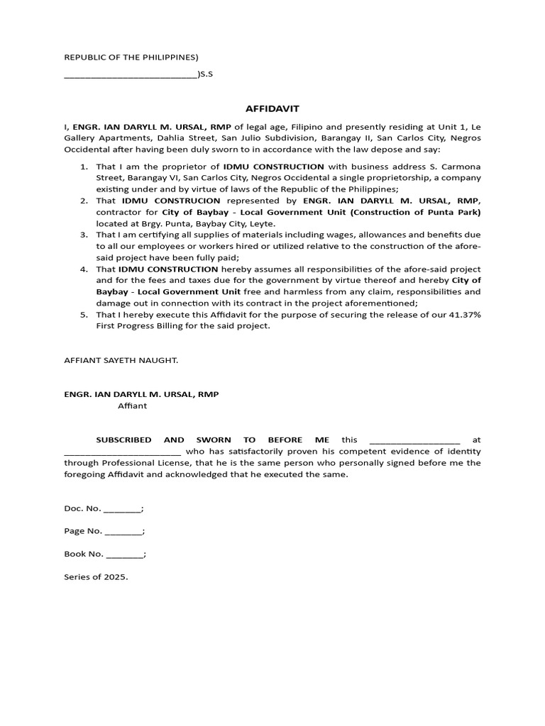 IDMU Construction Affidavit for Progress Billing | PDF