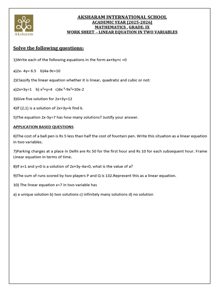 Grade IX Linear Equations Worksheet | PDF