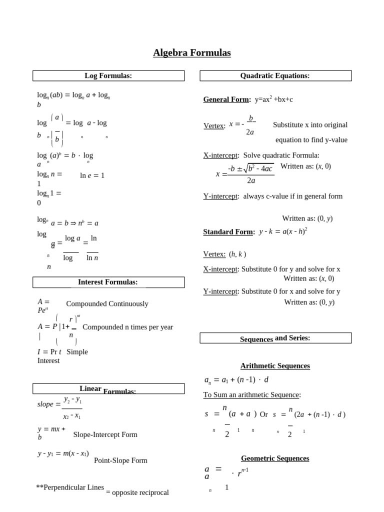 Algebra Formulas | PDF | Equations | Asymptote