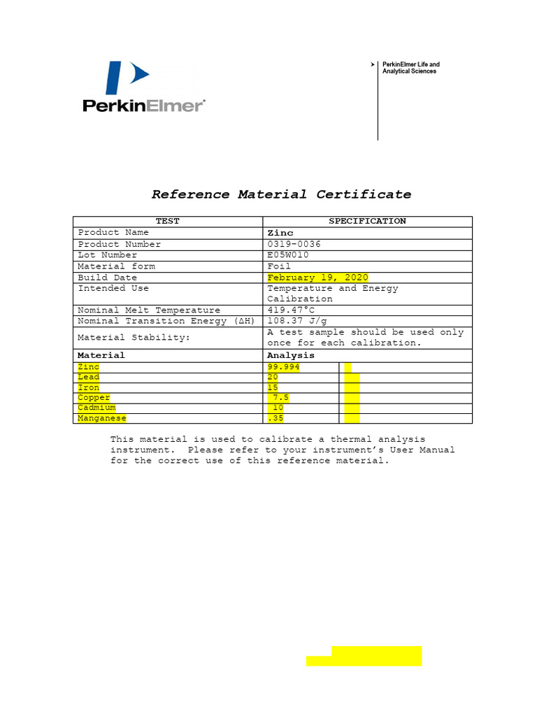 Zinc Reference E05W010 | PDF