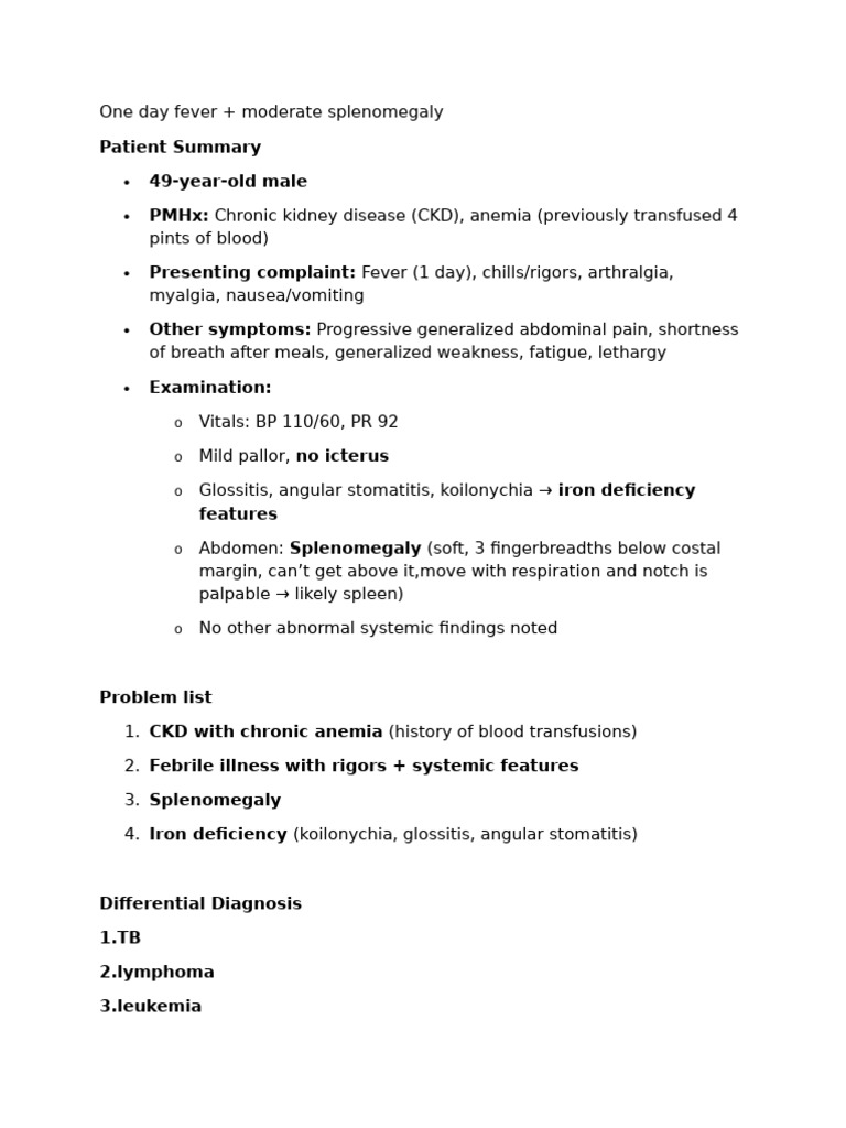 One Day Fever + Moderate Splenomegaly | PDF