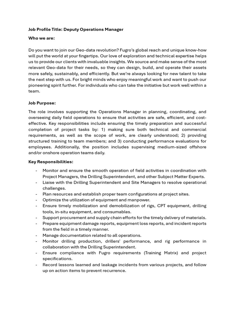 Deputy Operations Manager Job Overview | PDF | Business | Social Psychology