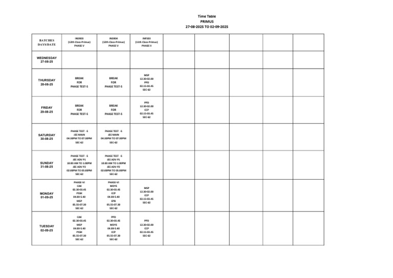 Primus Class Time Table: Aug-Sep 2025 | PDF