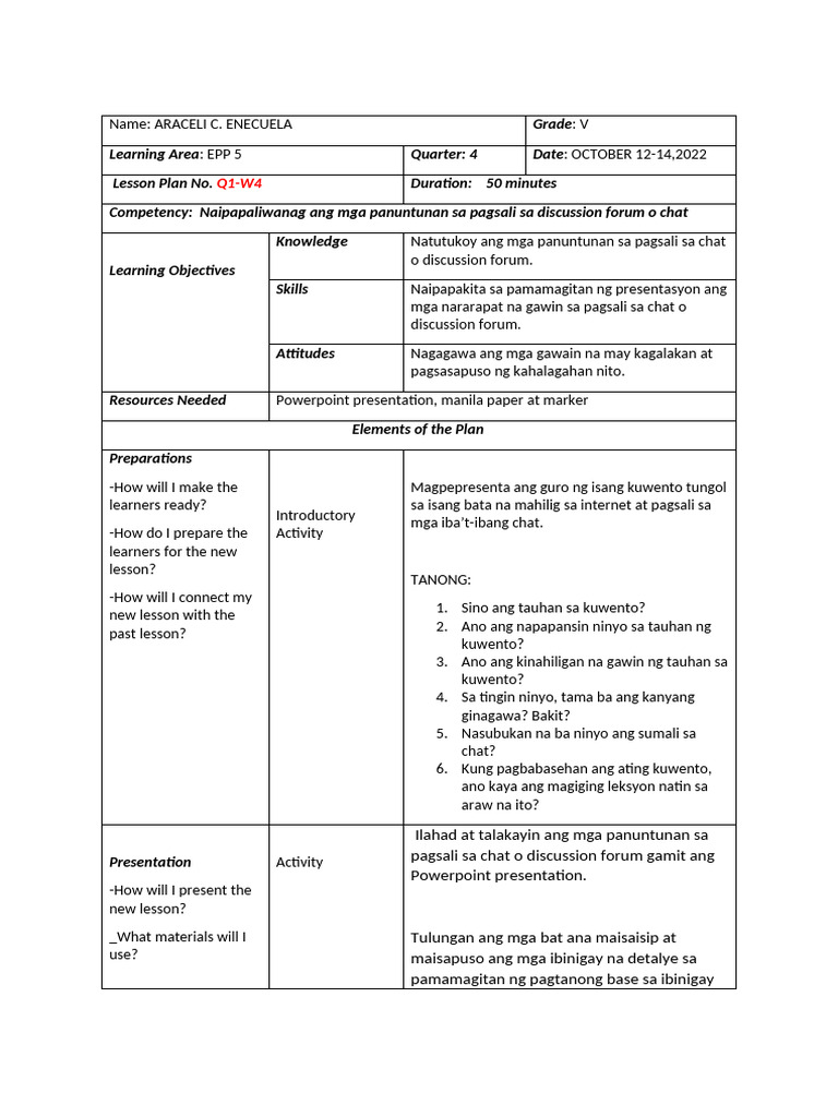 Ict Week 4 Lesson Plan | PDF