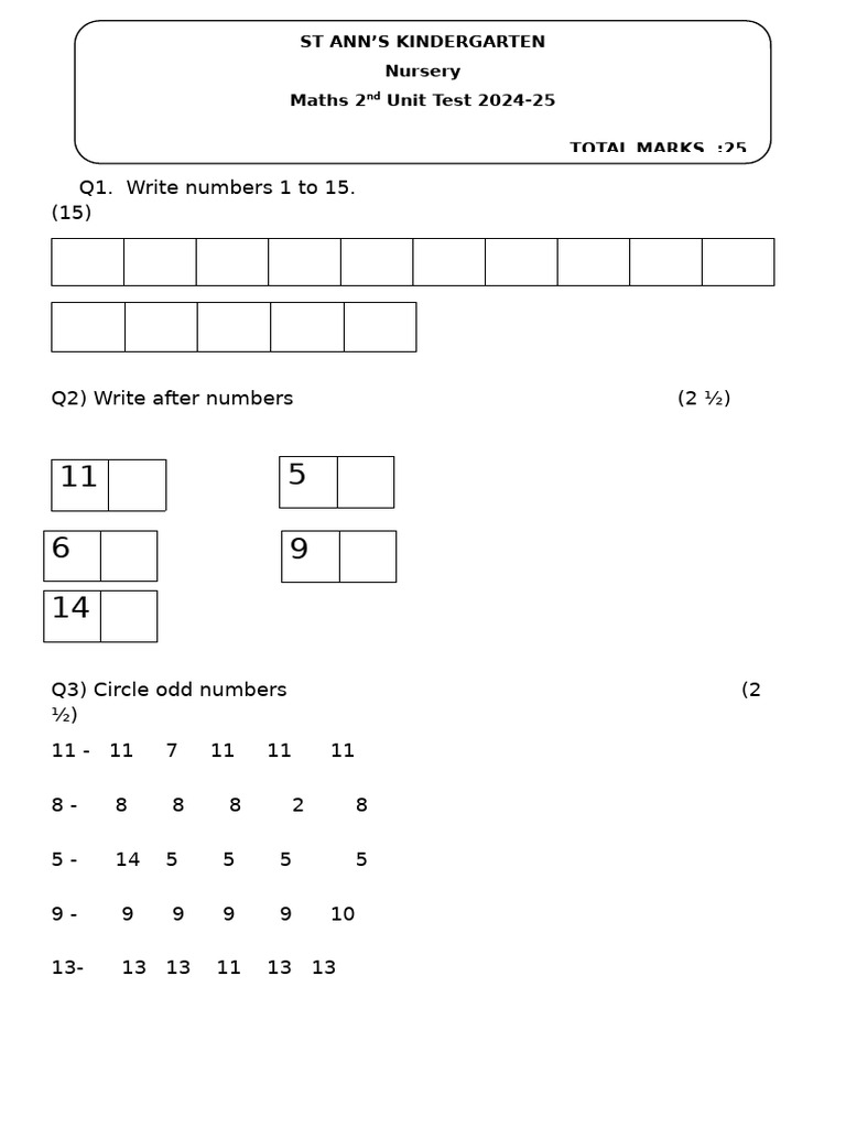 Nursery Maths Unit Test 2024-25 | PDF