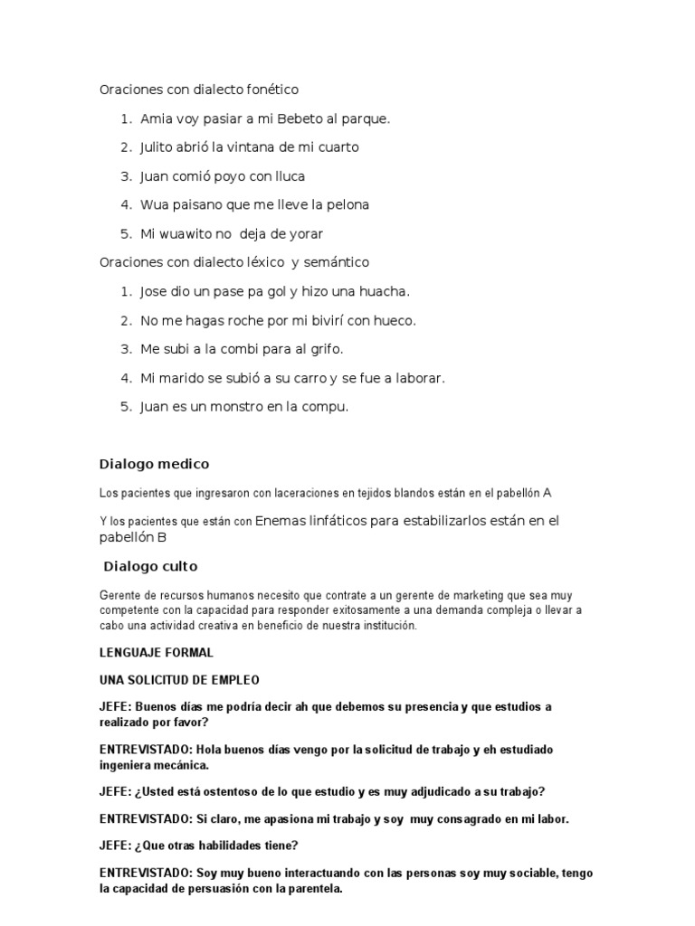 Ejemplos de Oraciones con Dialecto | PDF | Artes del Lenguaje y ...