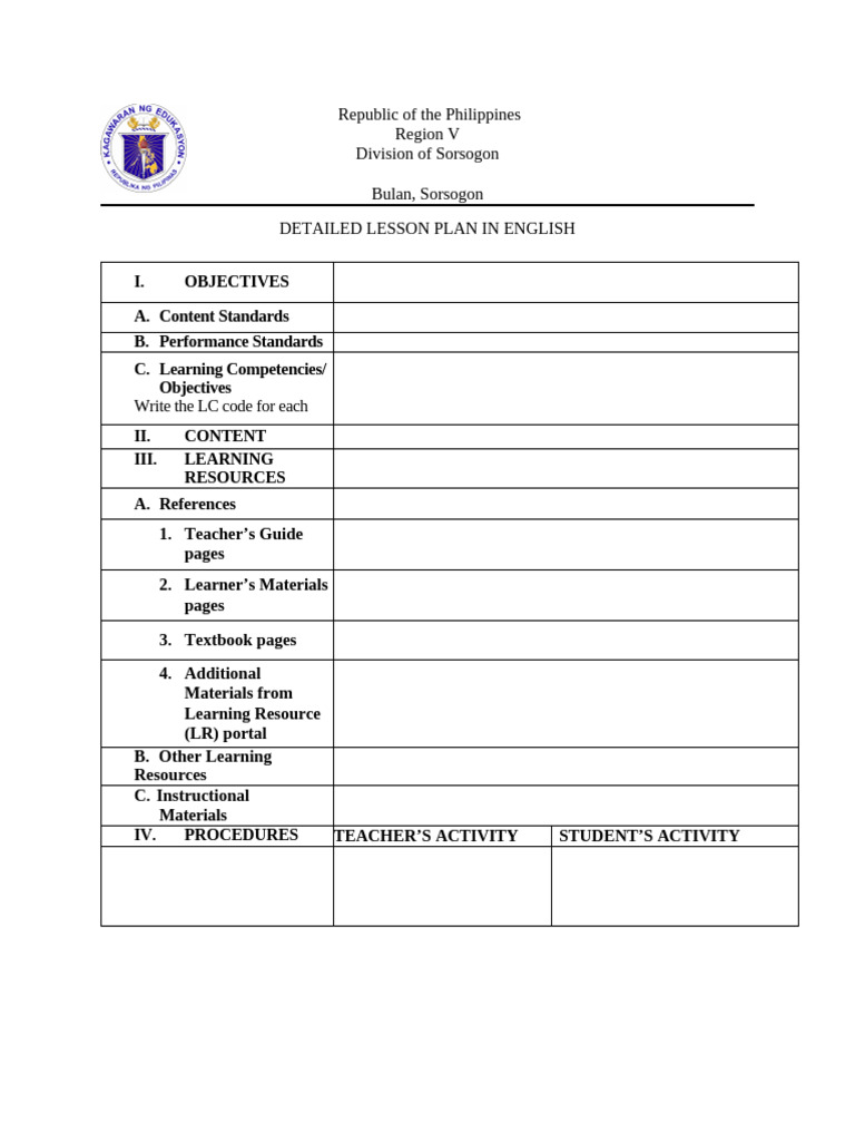 Detailed English Lesson Plan Template | PDF | Lesson Plan | Learning