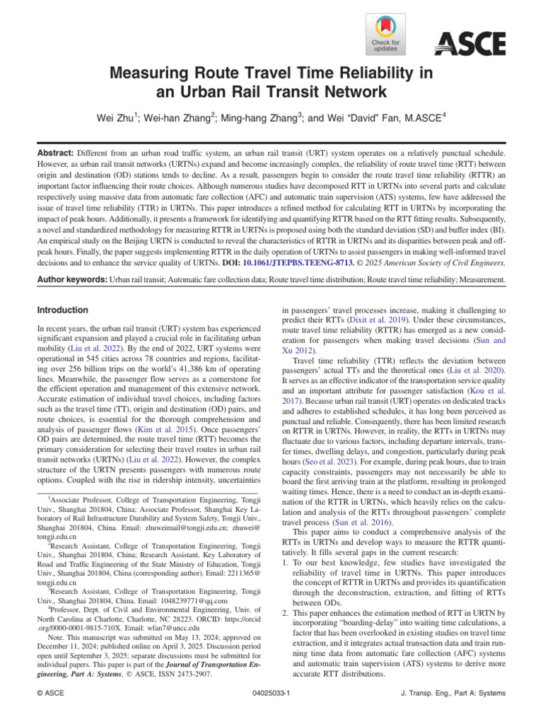 Zhu Et Al Measuring Route Travel Time Reliability in An Urban Rail ...