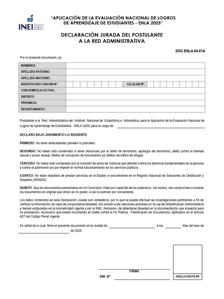 Declaración Jurada ENLA 2025 Postulante | PDF | Documento de identidad ...