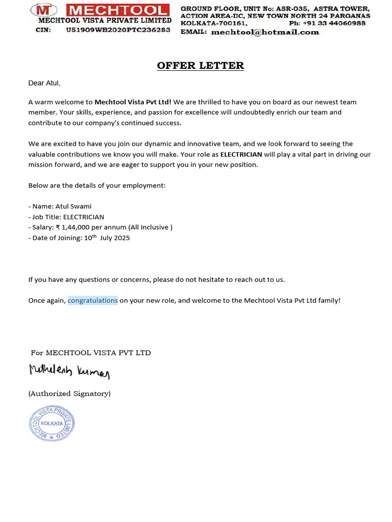 Offer Letter Atul | PDF