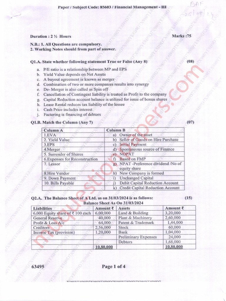Commerce Bcom Accounting and Finance Semester 6 2024 November Financial ...