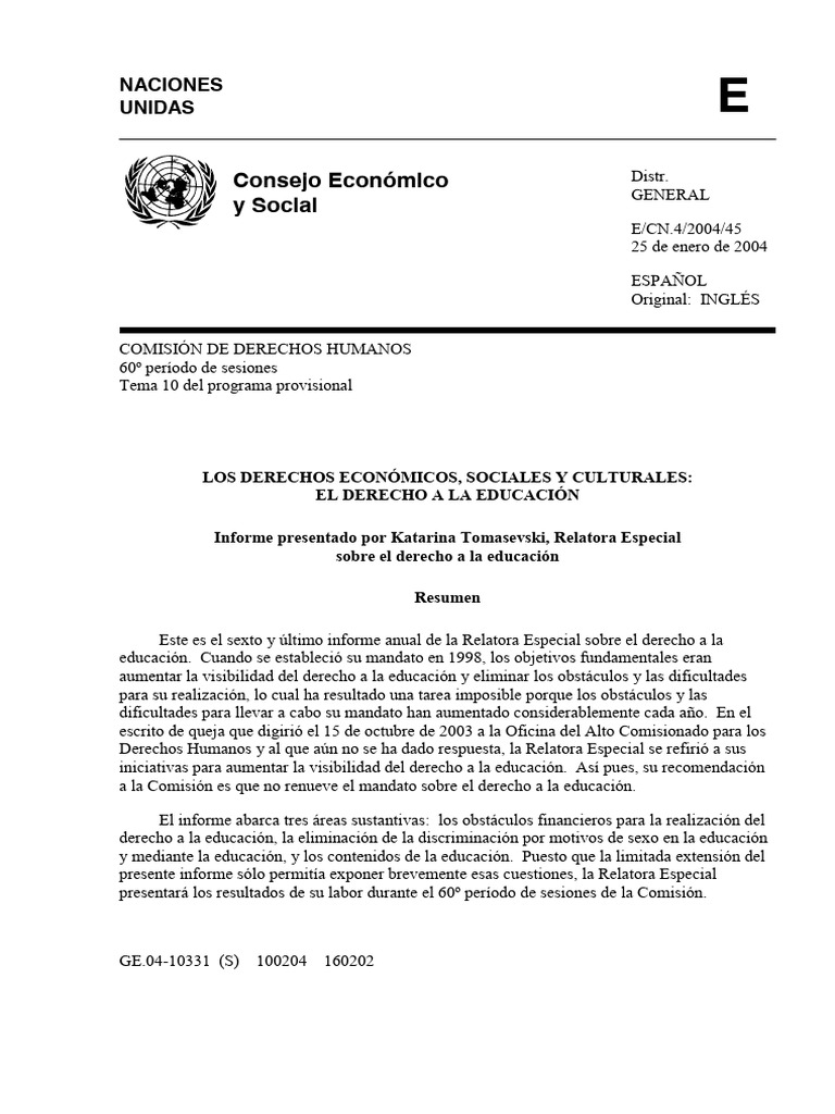 Informe sobre el Derecho a la Educación | PDF | Derechos humanos | Pobreza