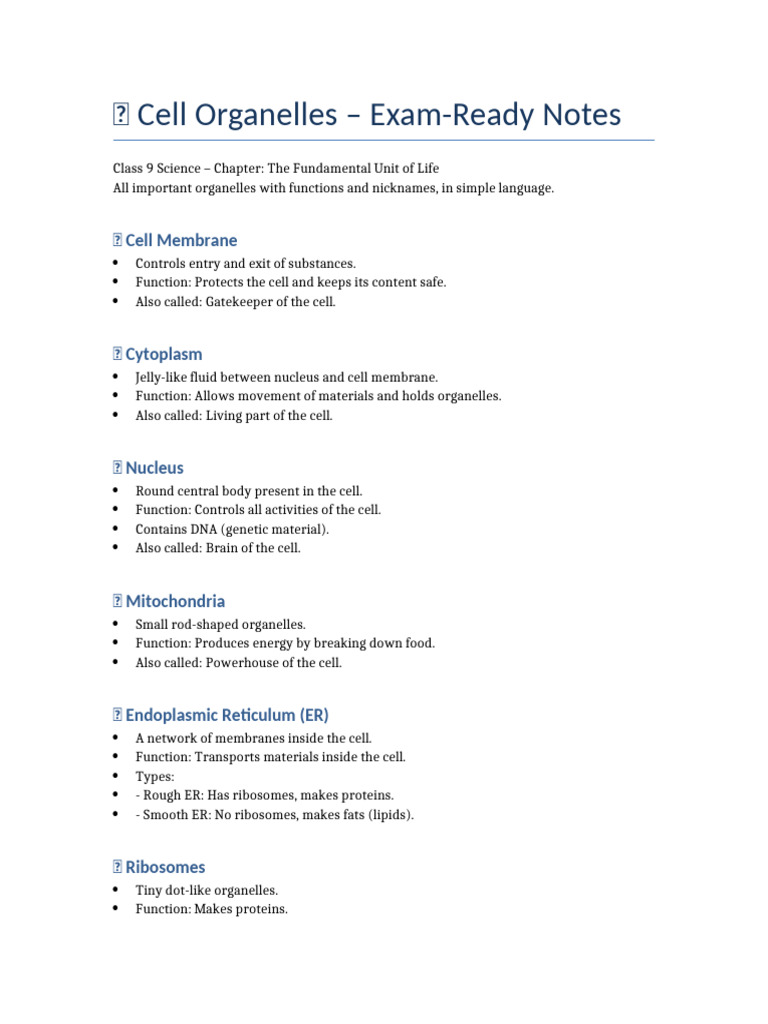 Cell Organelles Exam Notes Class9 | PDF