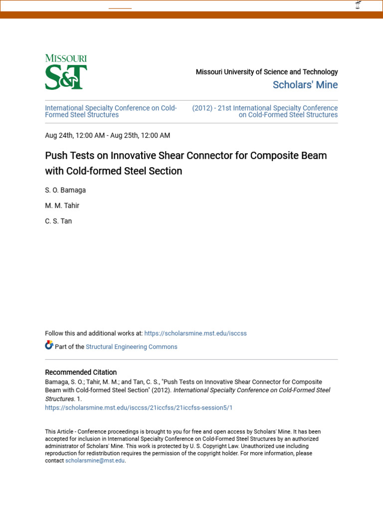 Kiên - Push Tests On Innovative Shear Connector For Composite Beam With ...