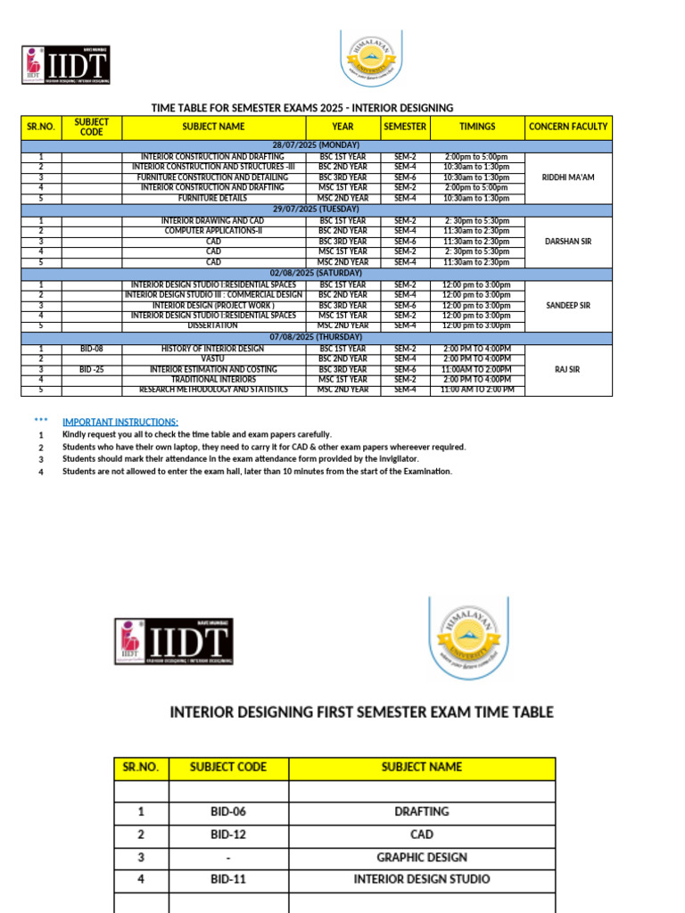 BSc Interior Design Exam Schedule 2025 | PDF | Bachelor Of Science ...