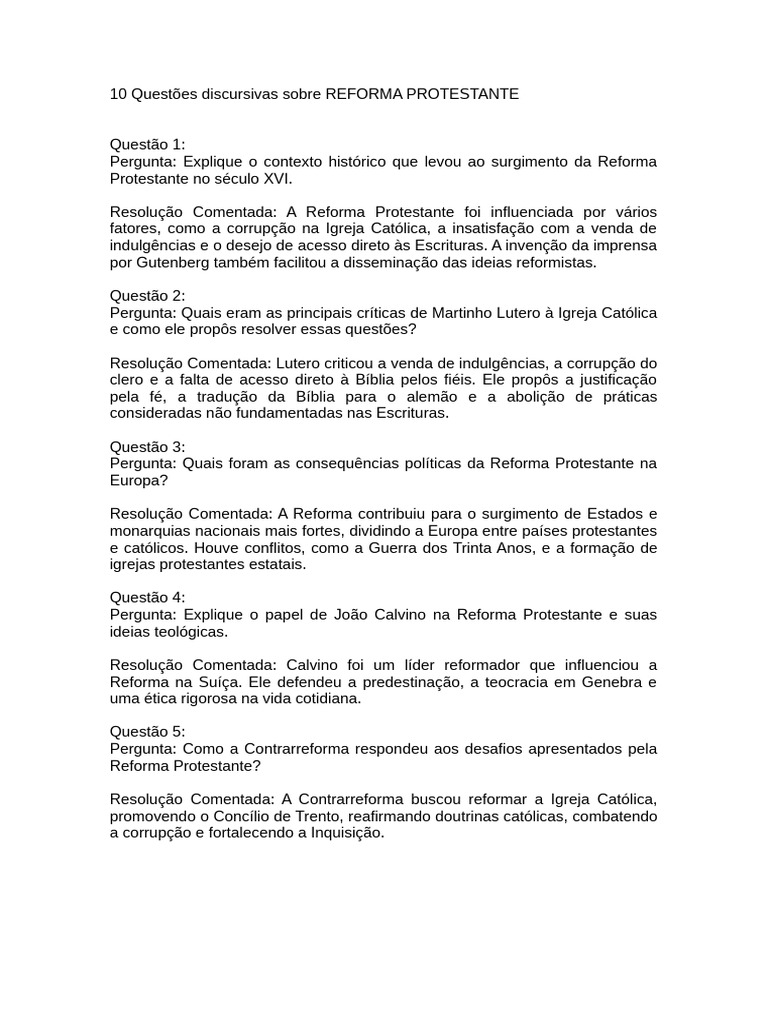 Questões sobre a Reforma Protestante | PDF | Protestantismo | Famílias ...