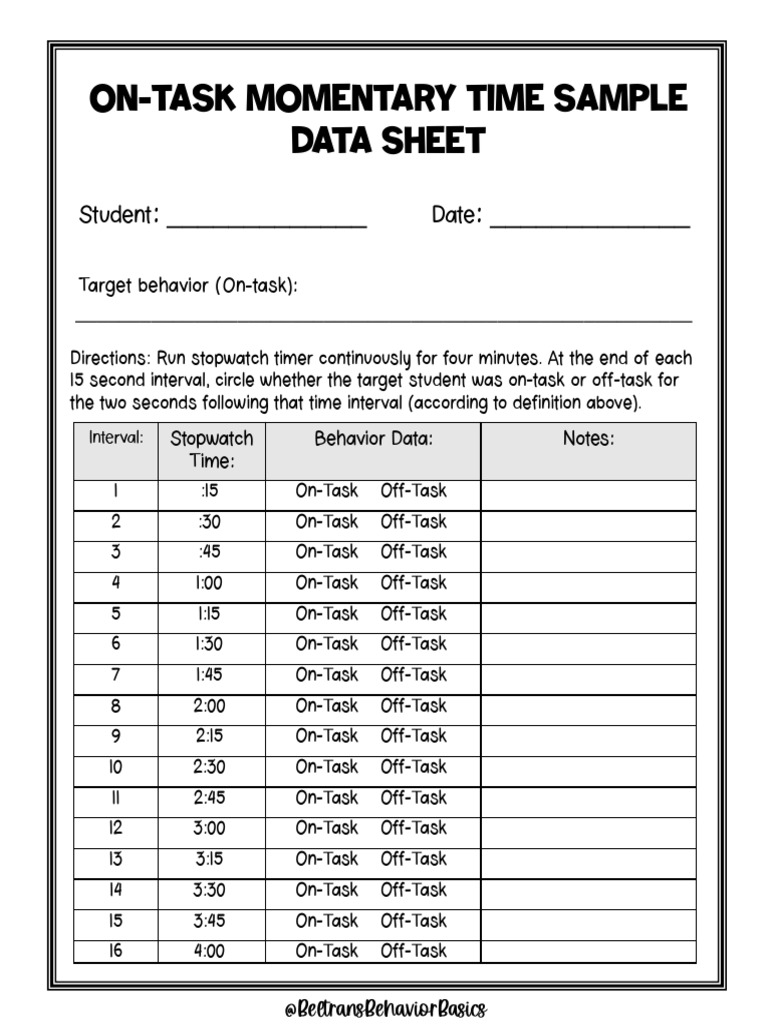 On-Task Momentary Time Sample Data Sheet: Student Date | PDF