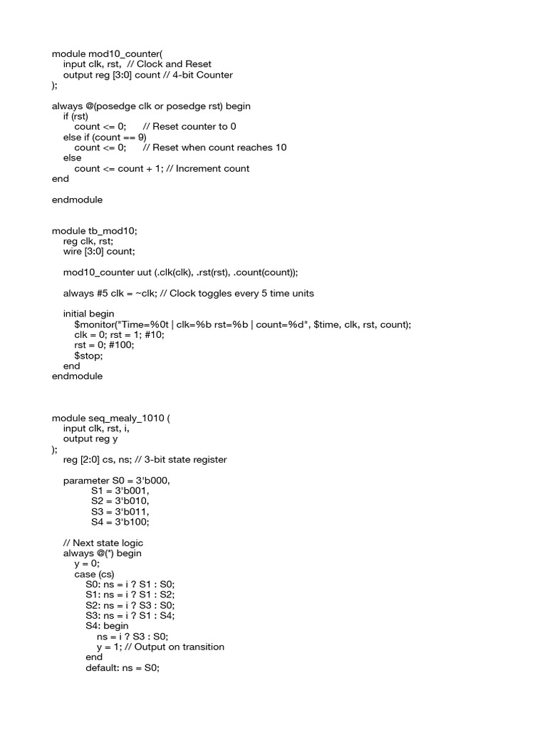 Verilog Modules for Counters and Mealy FSM | PDF