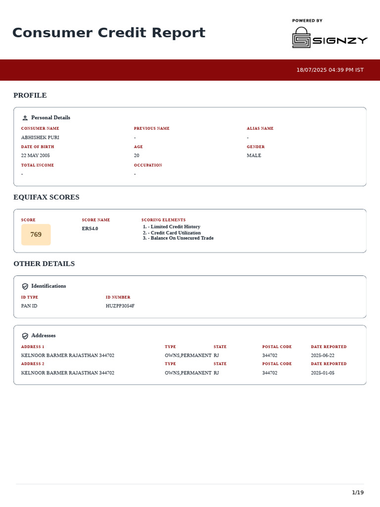 Abhishek Puri's Credit Profile Summary | PDF | Credit History | Credit