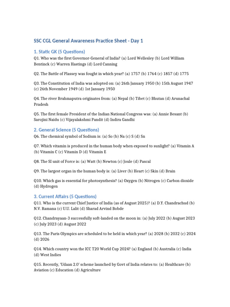 SSC CGL Day 1 General Awareness Quiz | PDF