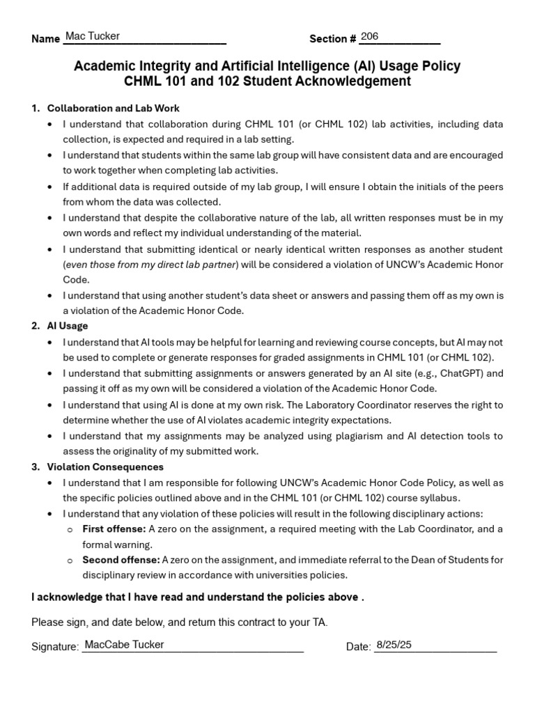 AI and Academic Integrity Policy Acknowledgment | PDF | Artificial ...