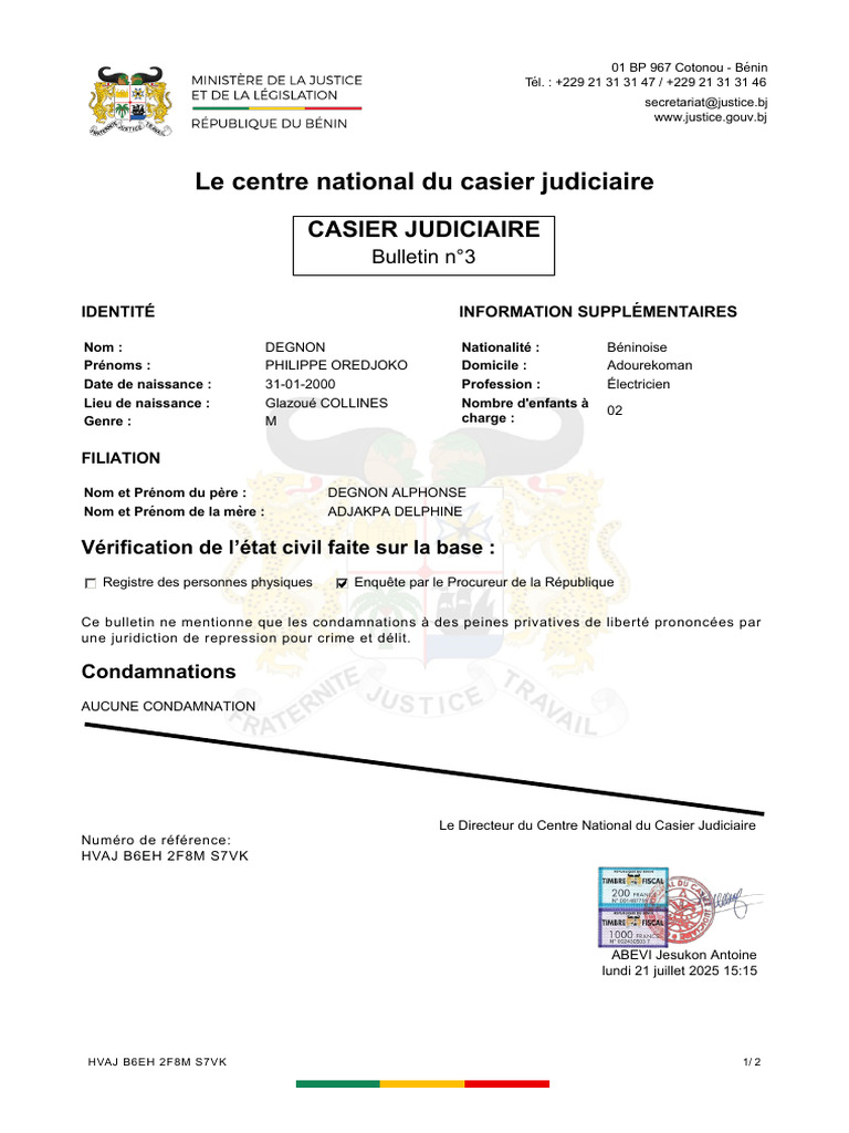 Bulletin n°3 du casier judiciaire de DEGNON | PDF | Justice | Crime et ...