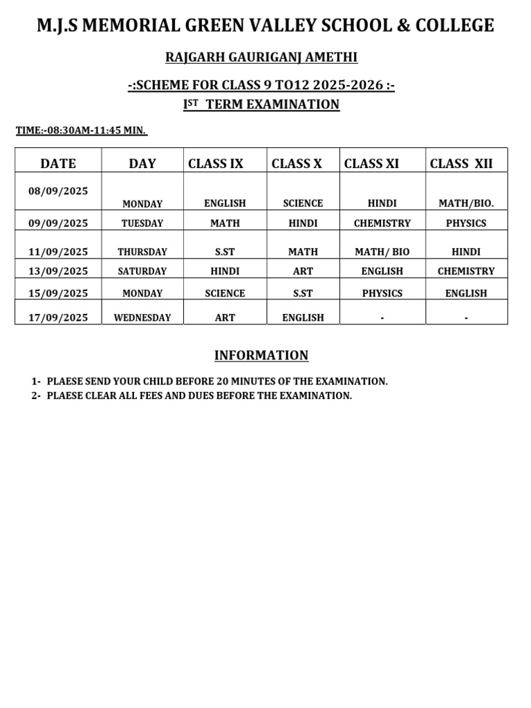 Class 9-12 Exam Schedule 2025-2026 | PDF