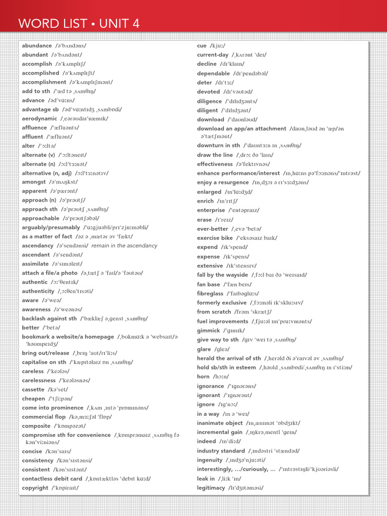 Unit 4 Vocabulary Word List | PDF