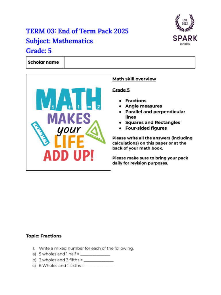 Grade 5 Term 3 Maths Exam 2025 | PDF | Mathematics | Elementary Mathematics