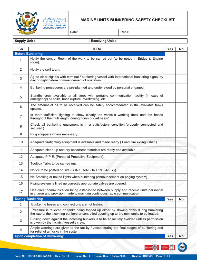 HSE-02-CK-042-10 Marine Units Bunkering Safety Checklist R0-2 | PDF ...