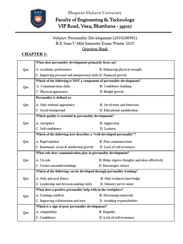 Personality Development Exam Questions | PDF | Habits | Mindset