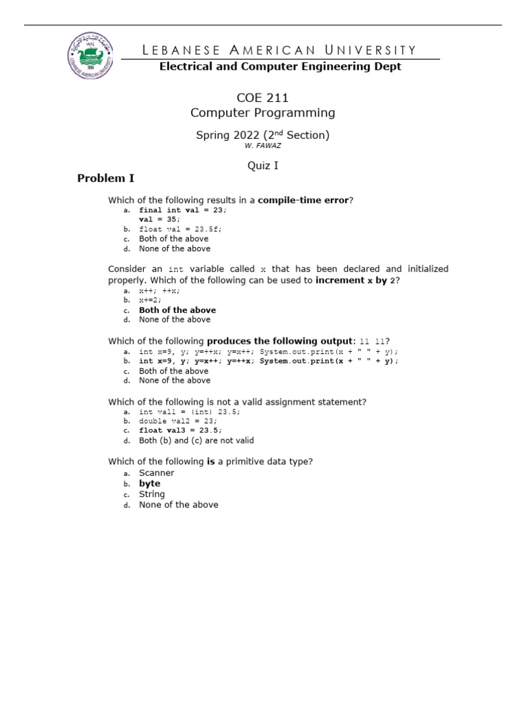 Quiz on Java Programming Concepts | PDF | Integer (Computer Science ...