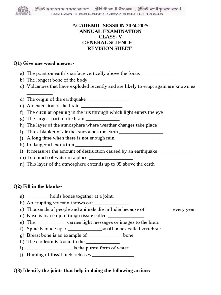 Science Revision Sheet Class V | PDF | Earth | Earth Sciences